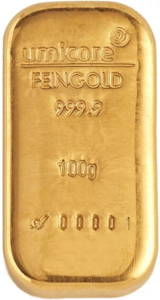 100g Gold Bar Umicore Cast